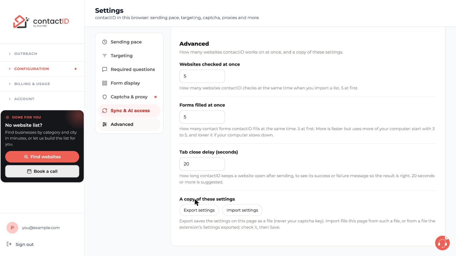 The Advanced section with Websites checked at once, Forms filled at once, Tab close delay and Export or Import settings