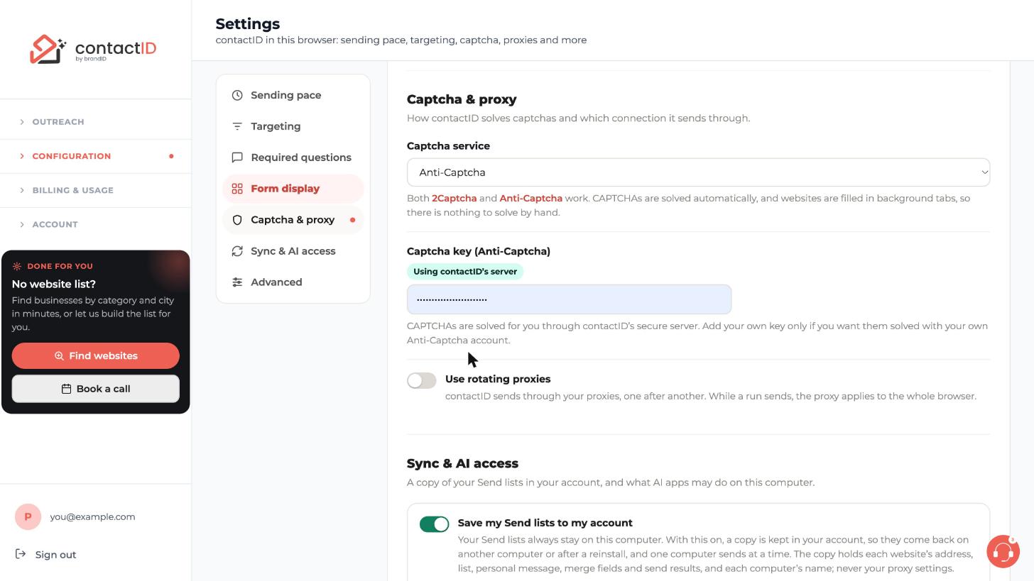 The Captcha & proxy section with the Captcha service list, the key box and the rotating proxies switch