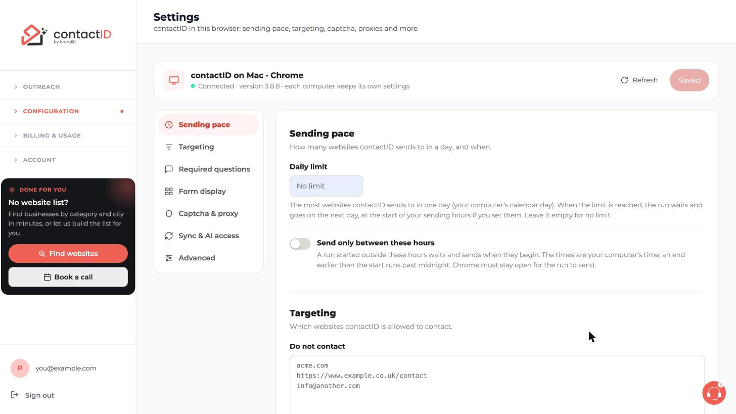 The Settings page opens on Sending pace, with Daily limit and the Send only between these hours switch