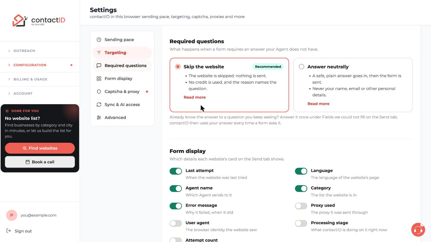 The Form display switches below the Required questions section