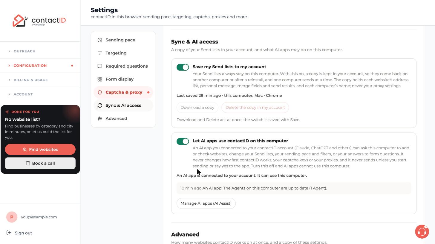 Settings, Sync & AI access, with the Let AI apps use contactID on this computer switch on