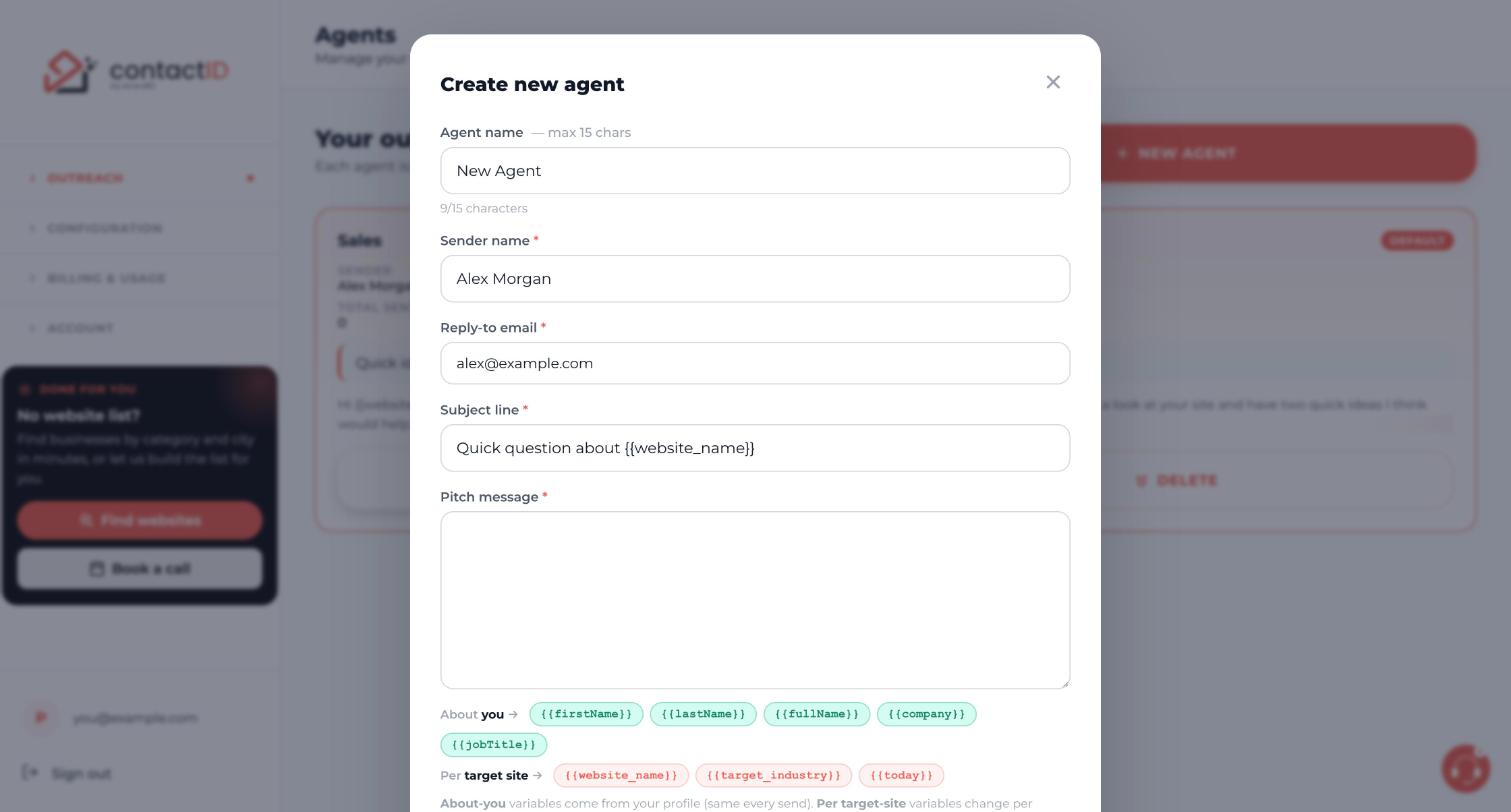 The Create new agent form with Agent name, Sender name, Reply-to email and Subject line