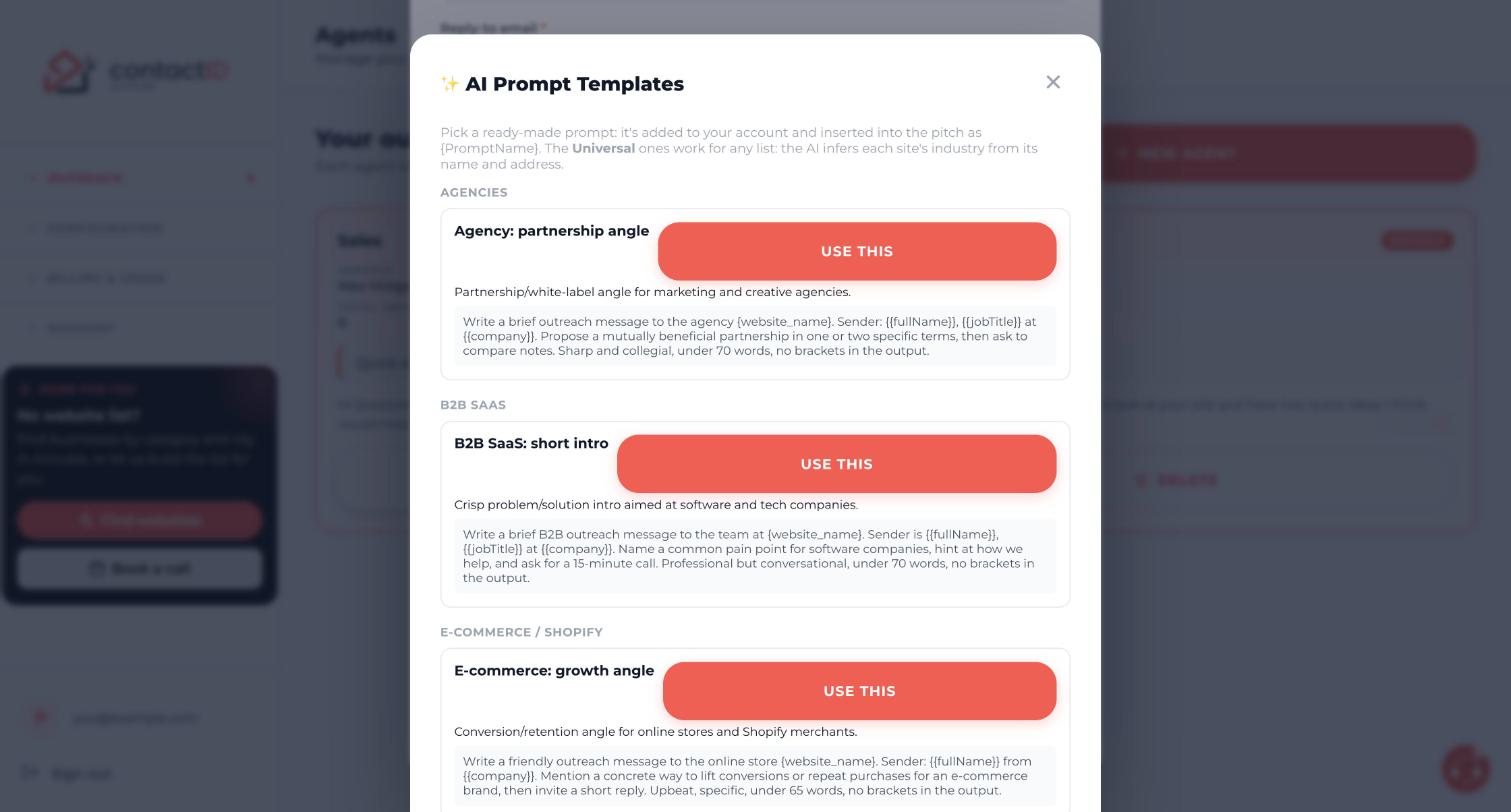 The AI Prompt Templates window grouped by niche, each template with a USE THIS button