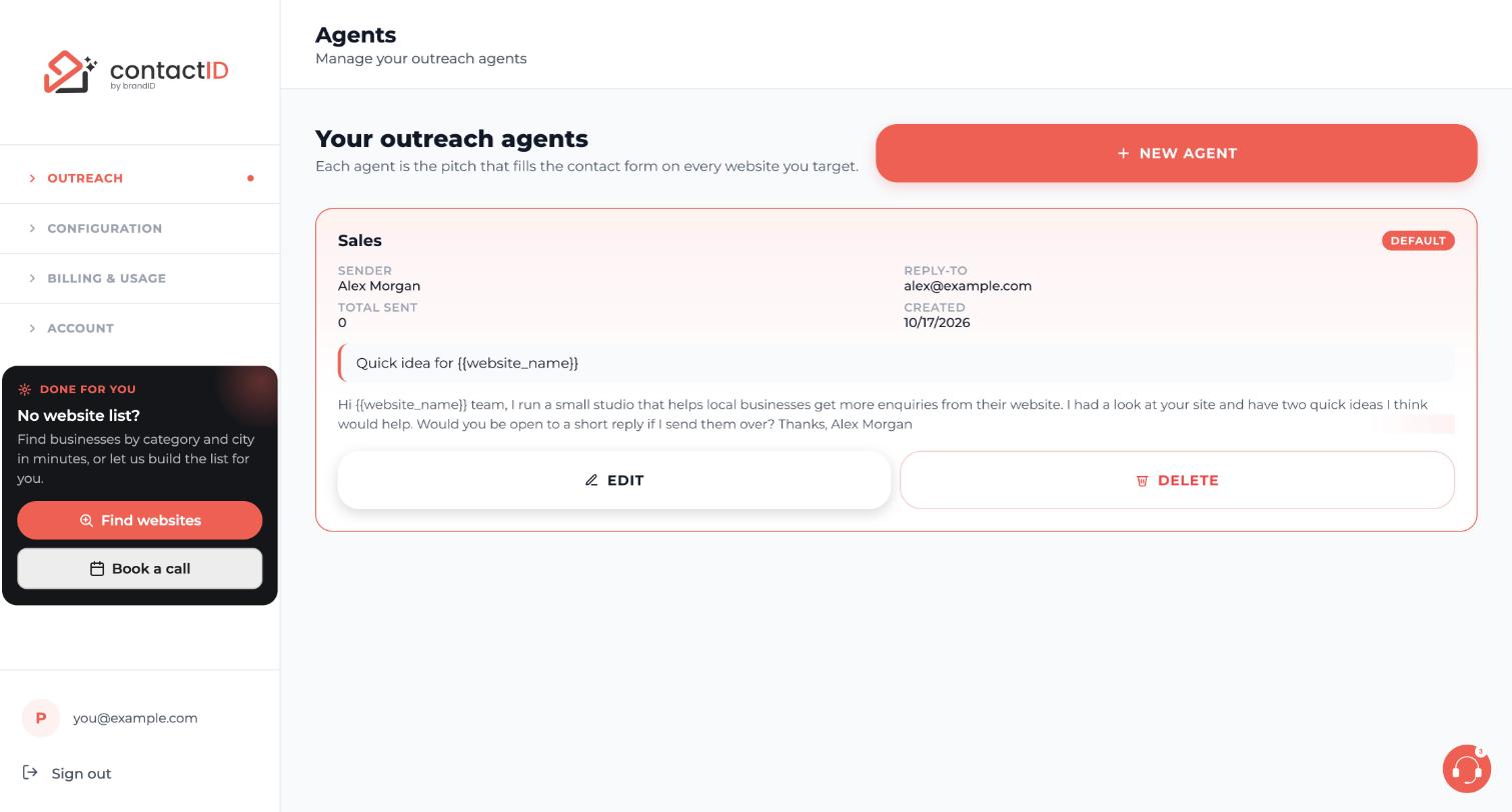 The Agents page with the NEW AGENT button and one existing agent