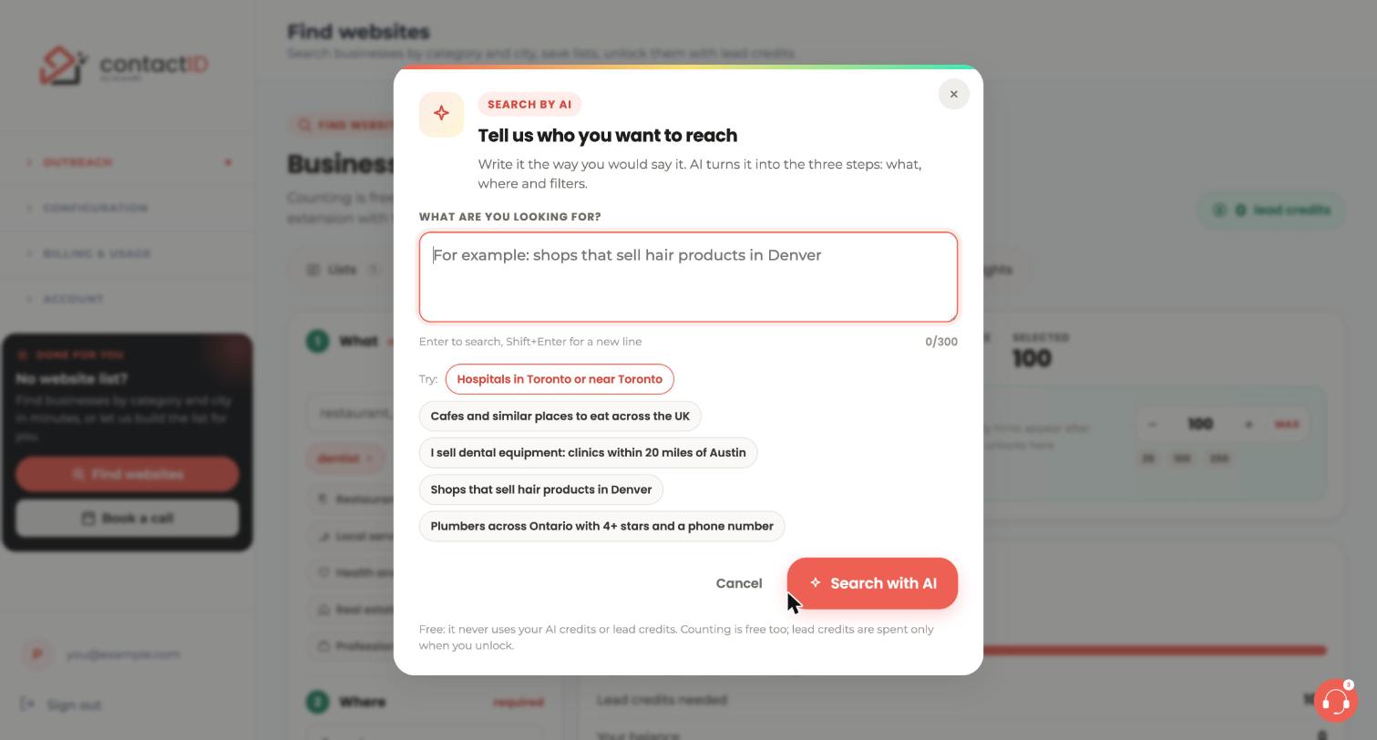 The empty Search by AI dialog with the text box, example sentences and the Search with AI button.
