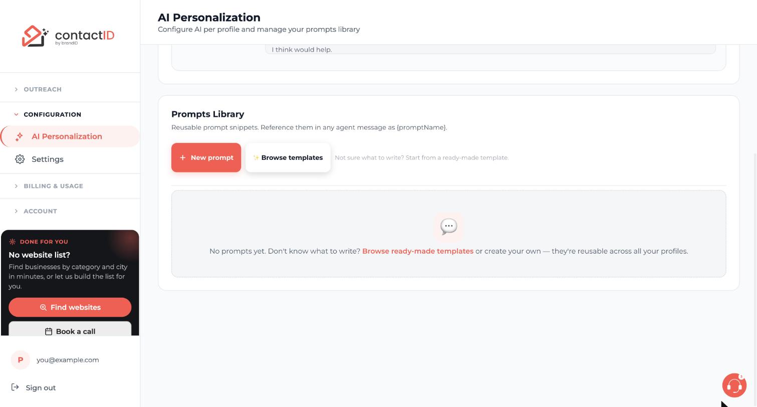 The Prompts Library with New prompt and Browse templates, and the empty state