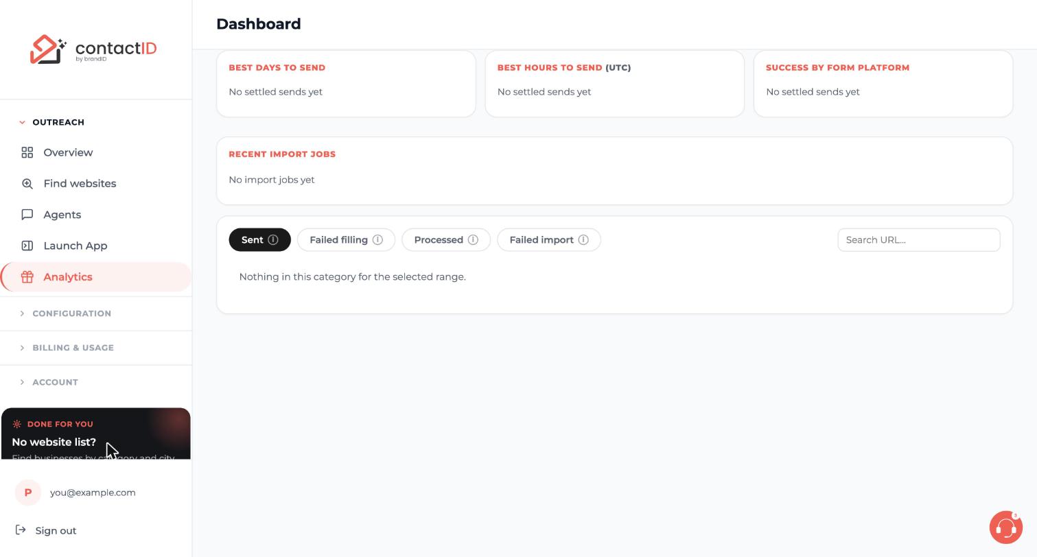 The Sent, Failed filling, Processed and Failed import tabs with the Search URL box and Recent import jobs
