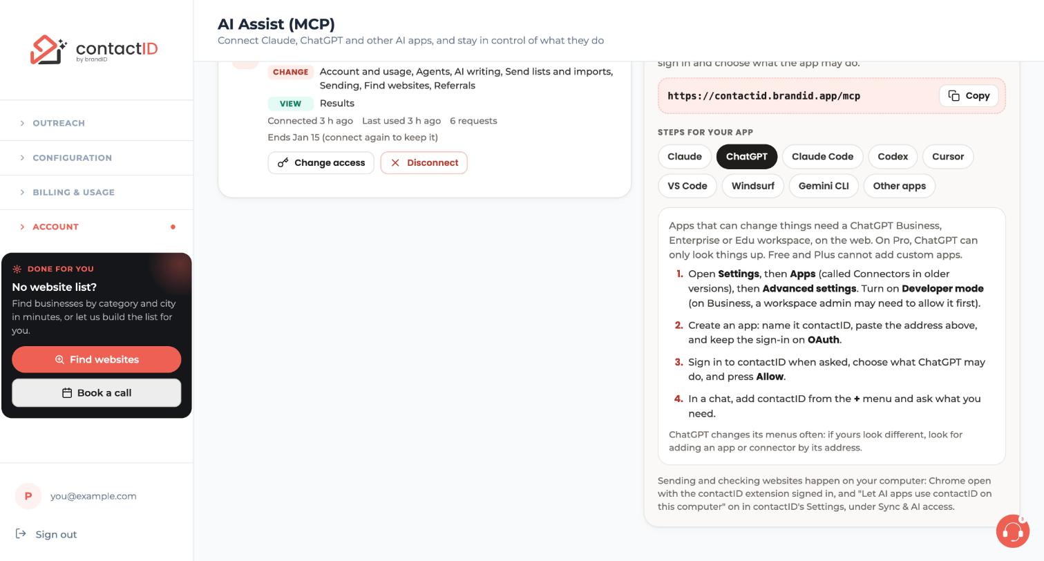 The ChatGPT steps in the Connect an AI app panel, including which ChatGPT plans can add apps