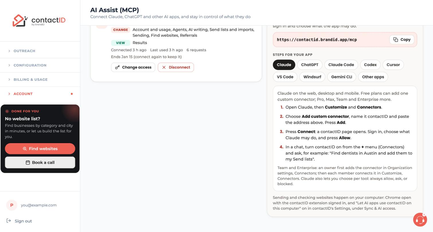 The Claude steps in the Connect an AI app panel, with the address and its Copy button