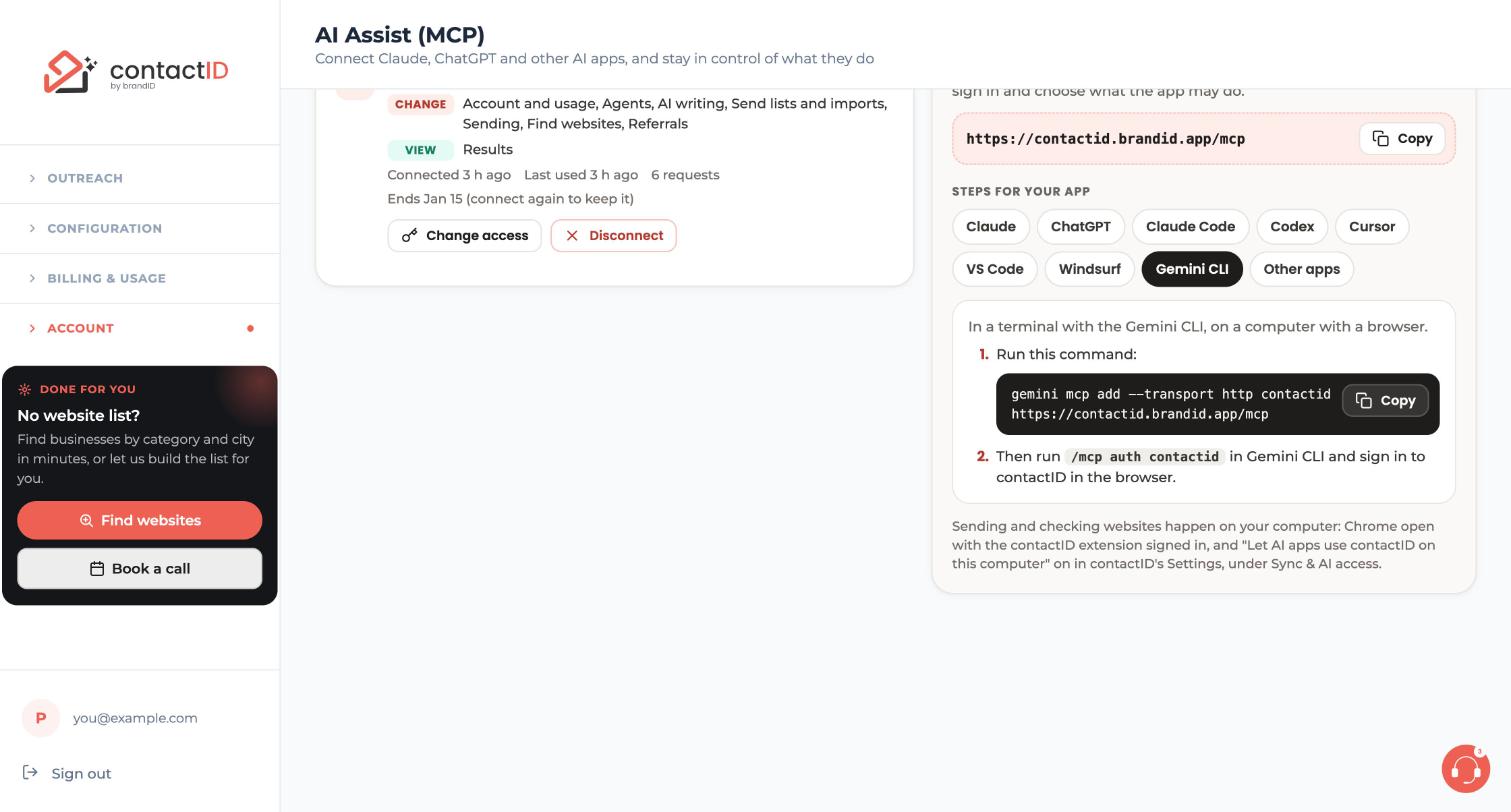 The Gemini CLI steps with the command to run and its Copy button