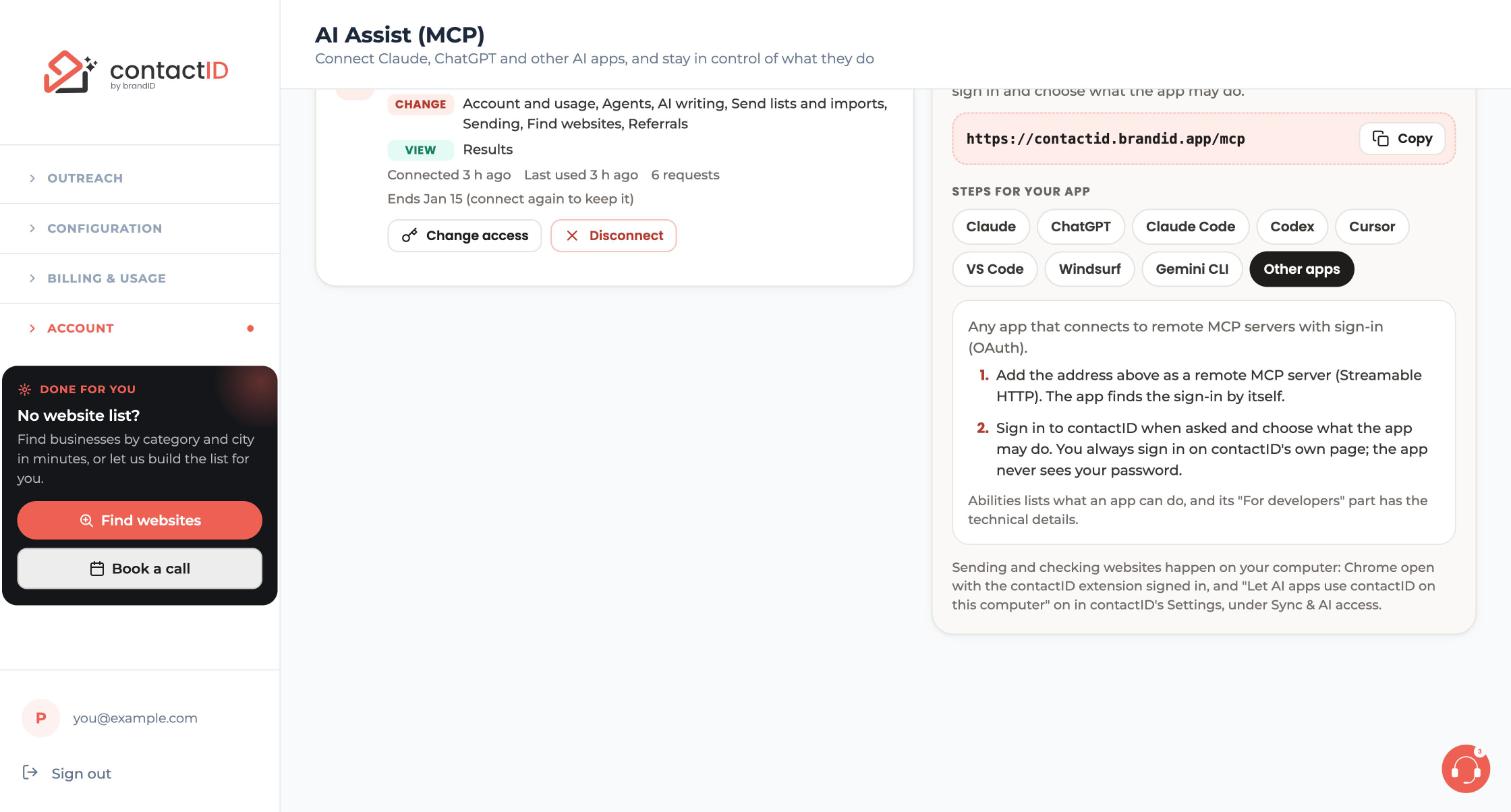 The Other apps steps in the Connect an AI app panel