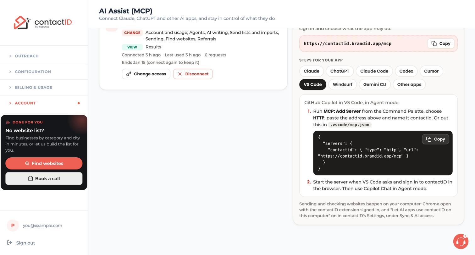 The VS Code steps with the .vscode/mcp.json text and its Copy button