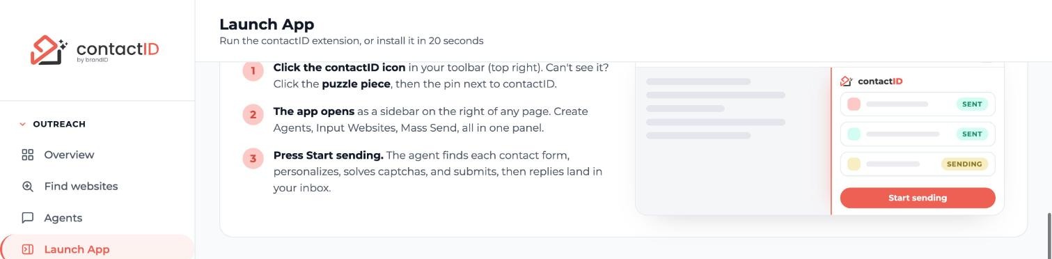 The three clicks that open the app: click the contactID icon, the app opens as a sidebar, then press Start sending