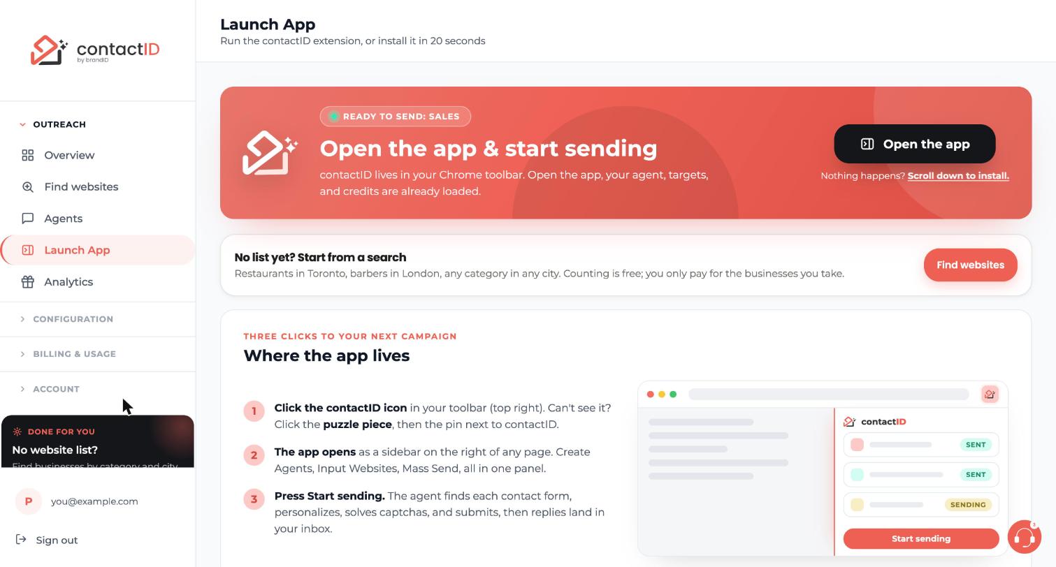 The Launch App page with the Open the app button and the Scroll down to install link