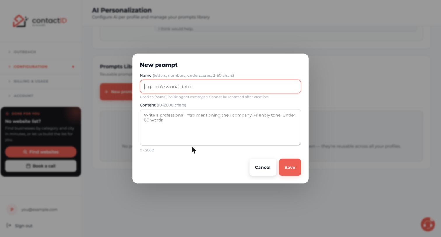 The empty New prompt window with the Name and Content fields