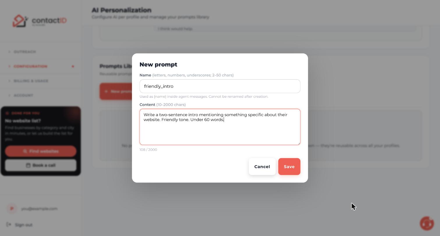 The New prompt window filled in with the name friendly_intro and an instruction