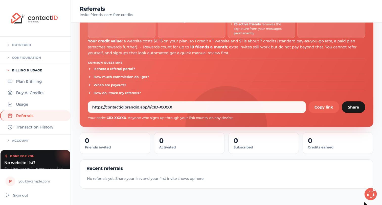 The Referrals page with the invite link box, Copy link and Share buttons and the stat cards