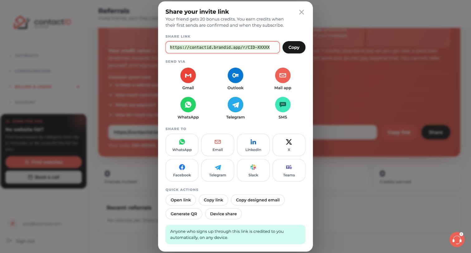 The Share your invite link window with Send via, Share to and Quick actions