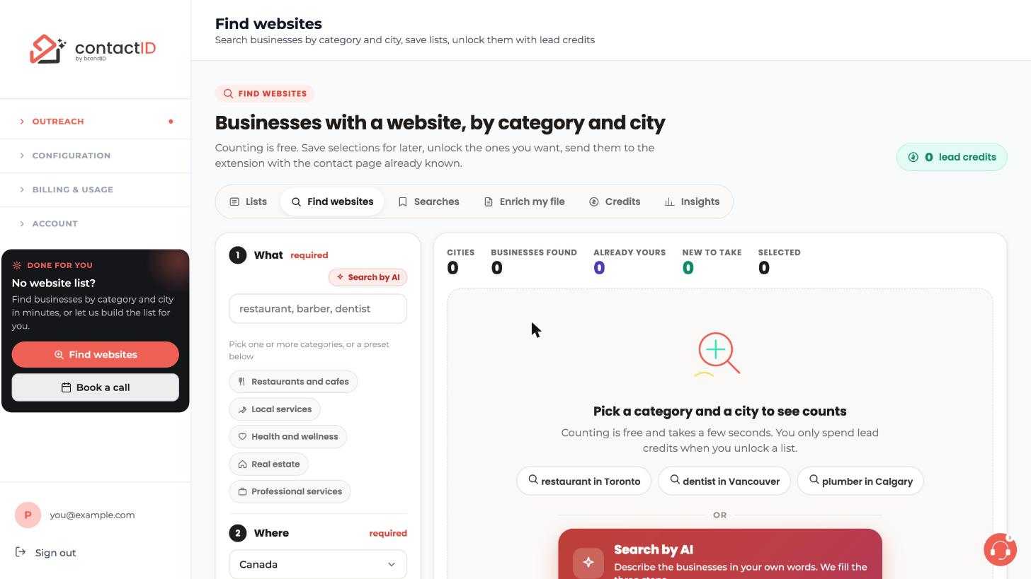 The Find websites tab before any search: step 1 What, step 2 Where, step 3 Filters, and the lead credits badge.