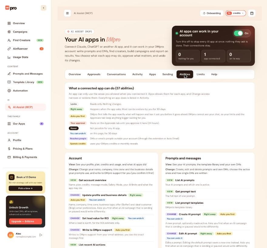The Abilities tab: what an app can do, area by area.
