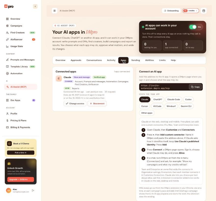 The Connect an AI app card on the Apps tab with the DMpro address, the Copy button and the row of app chips including ChatGPT.