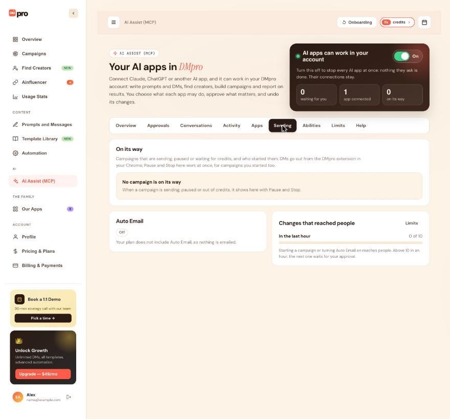 Sending: campaigns on their way and Auto Email status.
