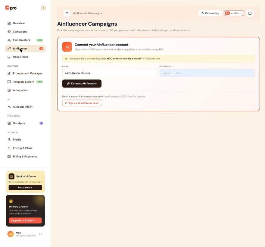 The Ainfluencer page: connect your account to load campaign briefs.