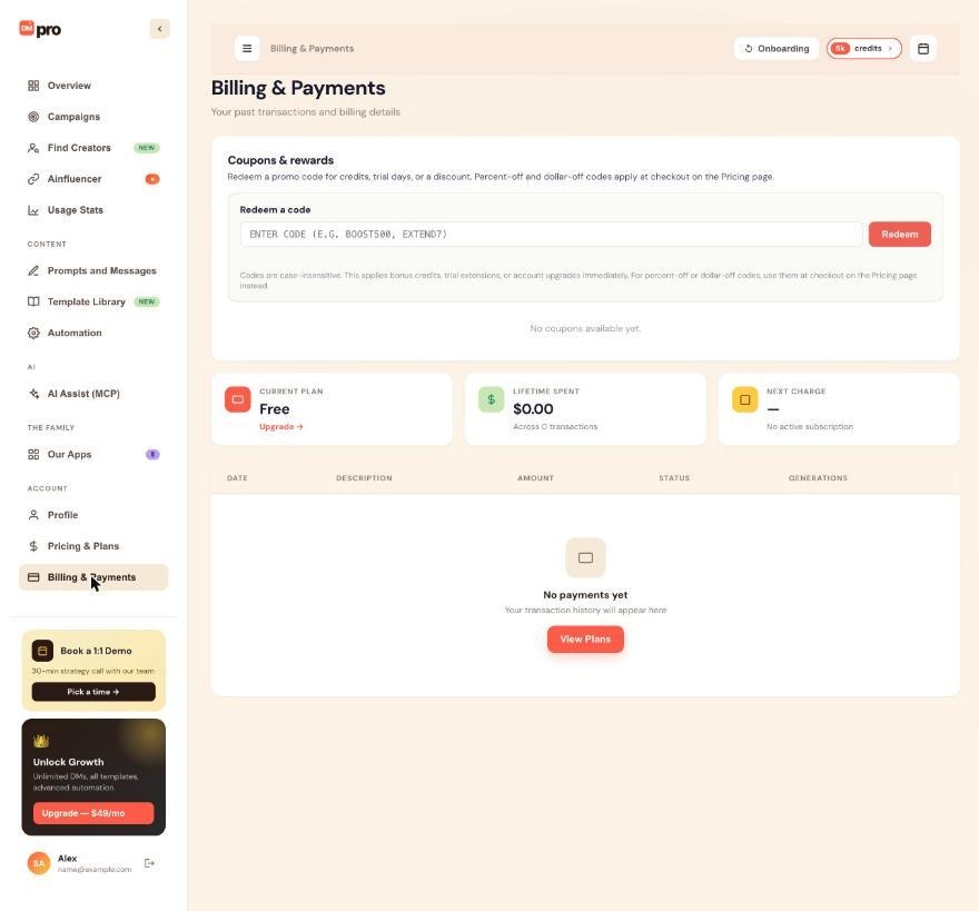 Billing & Payments: redeem a code, current plan and payment history.