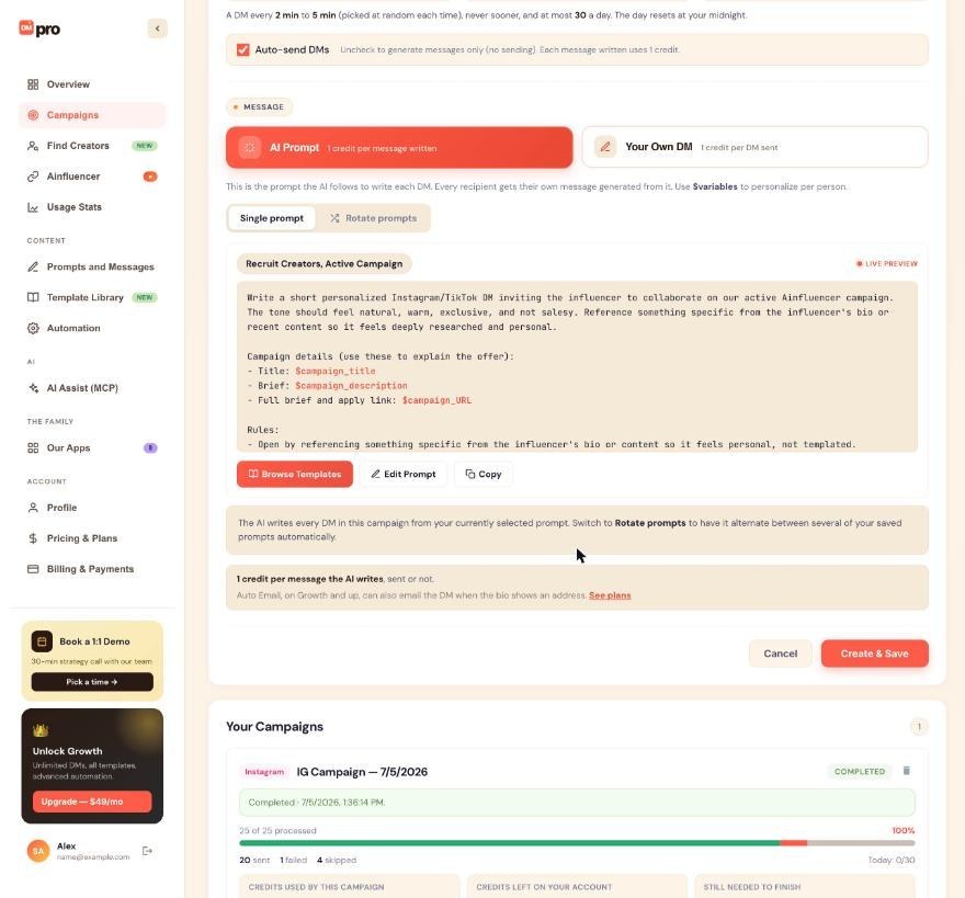 The Message section of the New Campaign form with AI Prompt selected and the Single prompt and Rotate prompts switch.