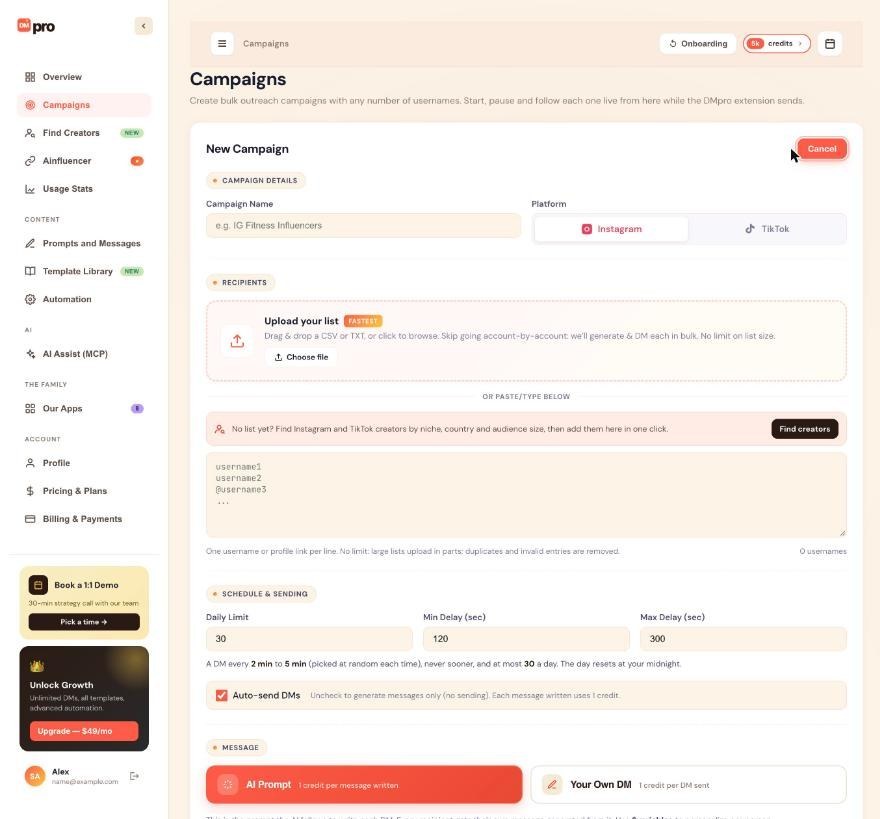 The New Campaign form: name, platform, recipients and sending pace.