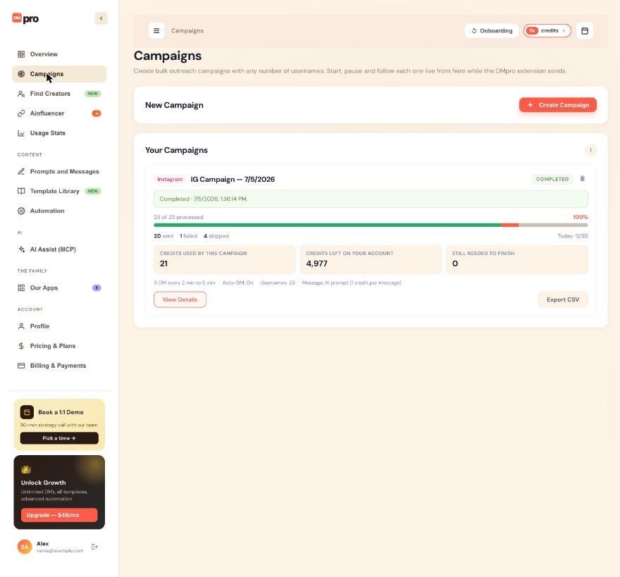 The Campaigns page with a campaign card: progress, credits and settings line.