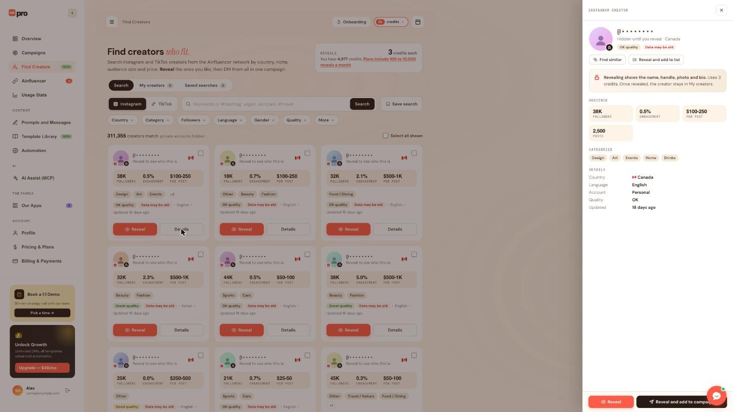The creator Details panel. Reveal and add to list is the button under the masked handle; Reveal and Reveal and add to campaign are at the bottom.