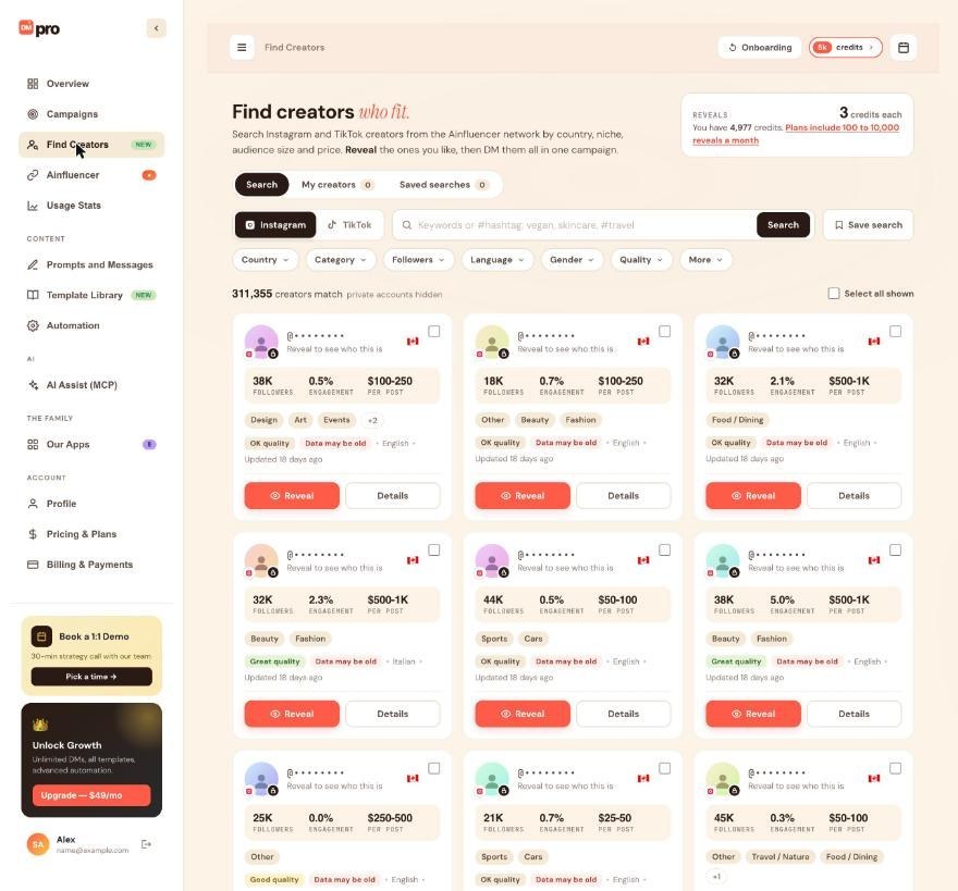 Find Creators results with a checkbox on each creator card and the Select all shown checkbox above the results.