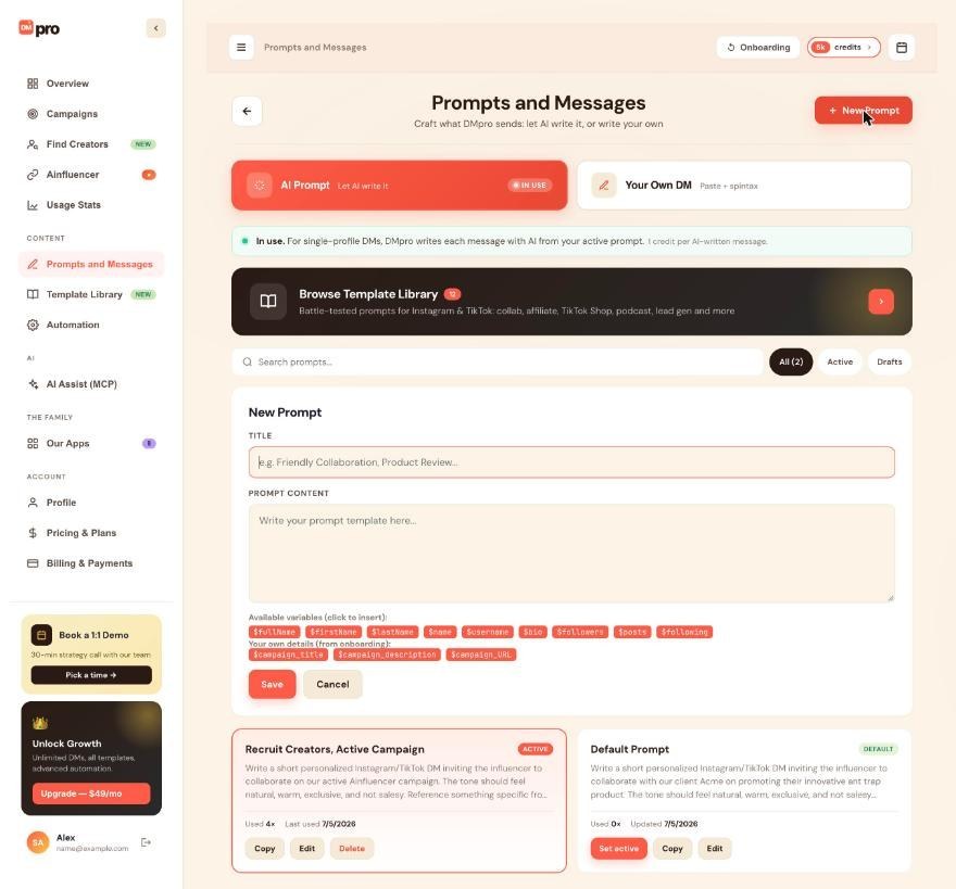 The New Prompt form with the Title and Prompt Content fields and the variable chips.