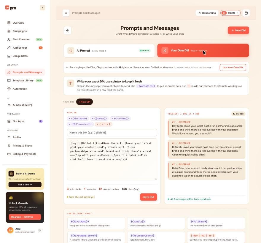 The Your Own DM tab with the Use Your Own DM button at the top.