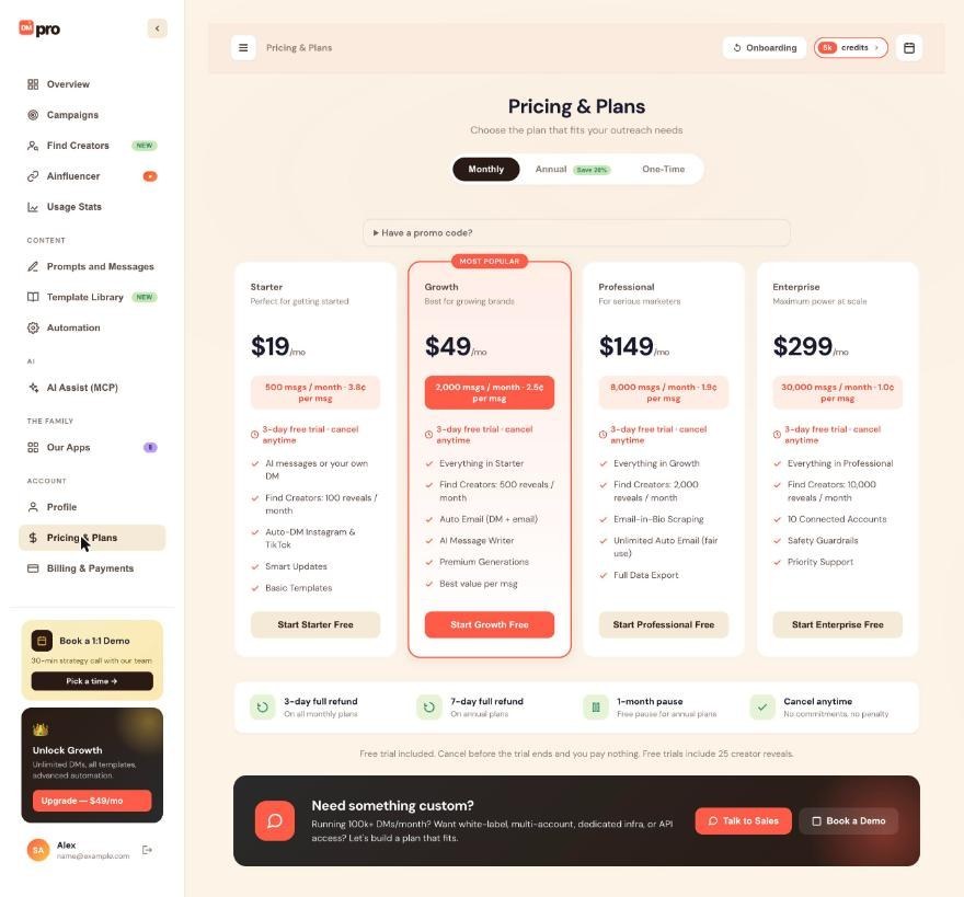 The Pricing and Plans page with the billing toggle, the four plan cards and the refund strip.