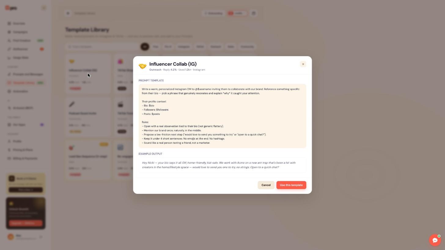 The preview window for a template with the prompt text, example output and the Use this template button.