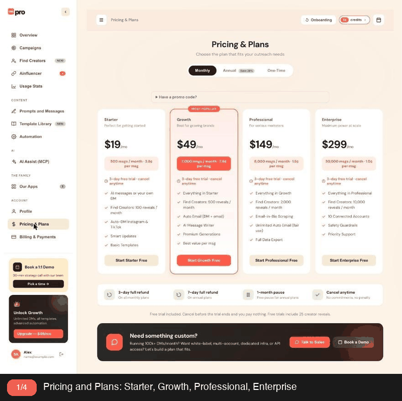 Tour of Pricing & Plans, Billing & Payments, Profile and Our Apps