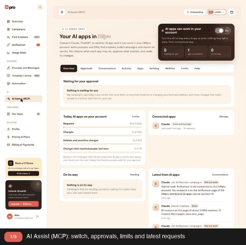 Tour of AI Assist (MCP): overview, apps, abilities, limits, approvals and activity