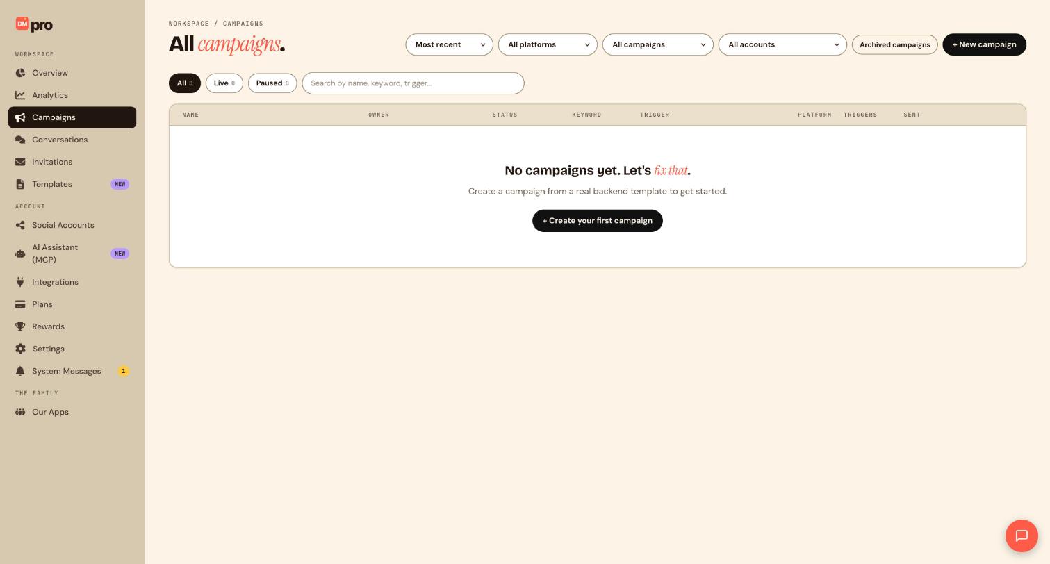 The Campaigns page with the All, Live and Paused tabs, filters and columns for name, status, keyword, trigger and platform. The test account has no campaigns yet.