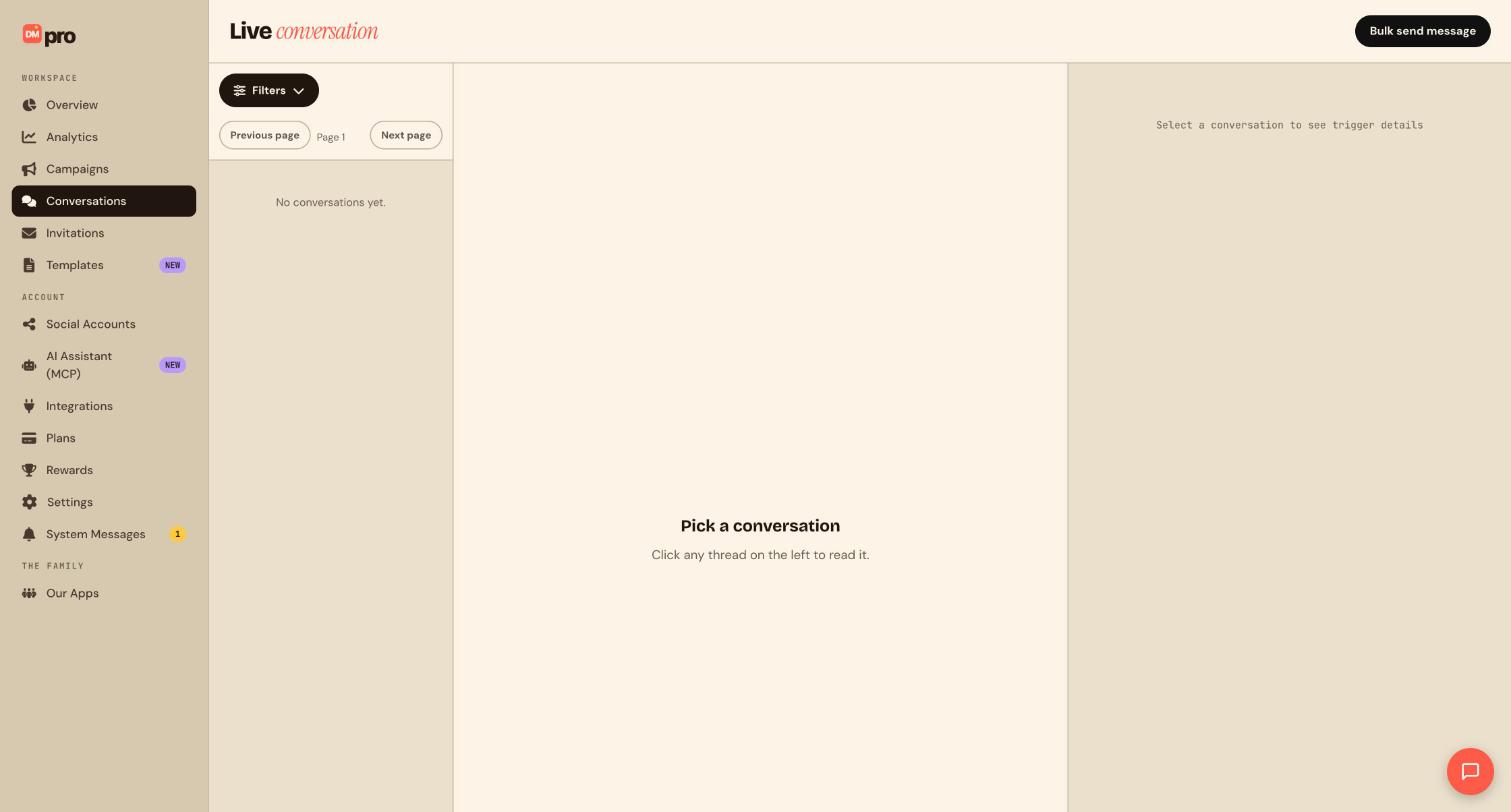 The Live conversation page: the thread list with Filters on the left, the message pane in the middle, the trigger details on the right and the Bulk send message button at the top right.