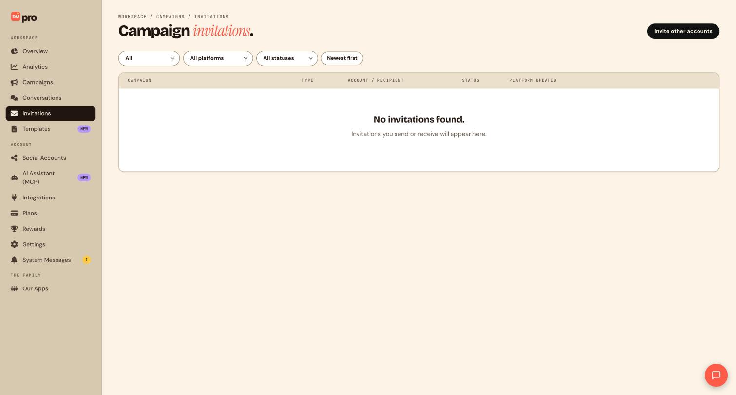 The Campaign invitations page with its filters and the Invite other accounts button.
