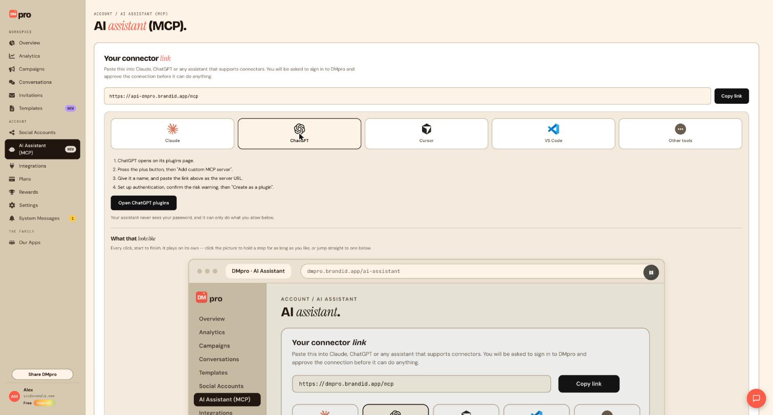 The ChatGPT tab on the AI Assistant (MCP) page, listing the four steps and the Open ChatGPT plugins button.