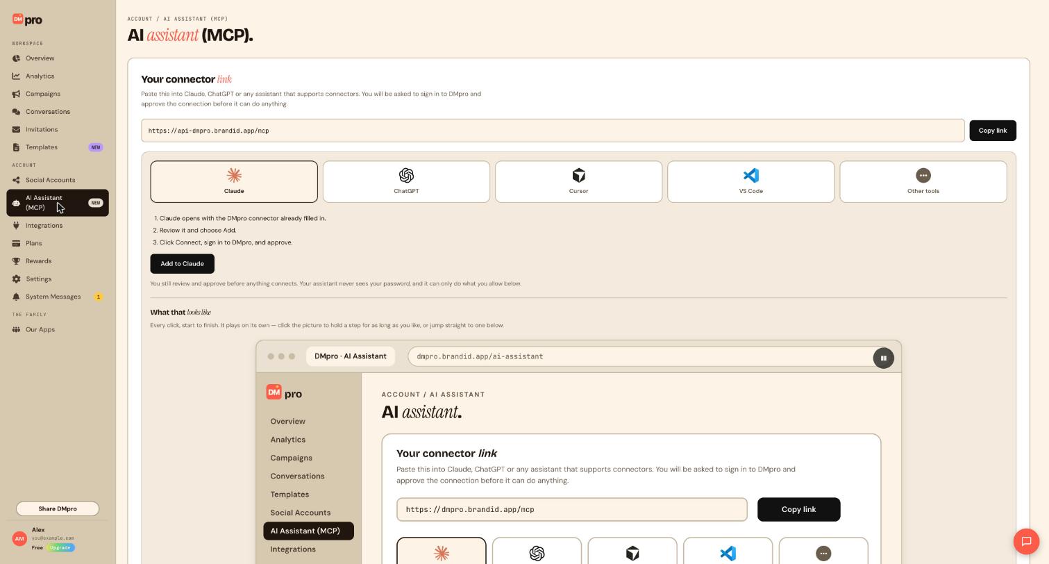 The Claude tab on the AI Assistant (MCP) page, with the connector link, the Copy link button and the Add to Claude button.