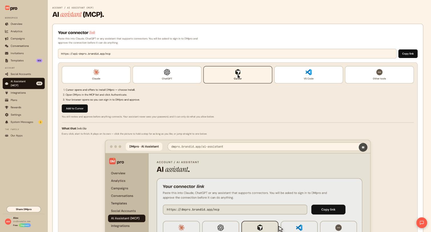 The Cursor tab on the AI Assistant (MCP) page with its three steps and the Add to Cursor button.