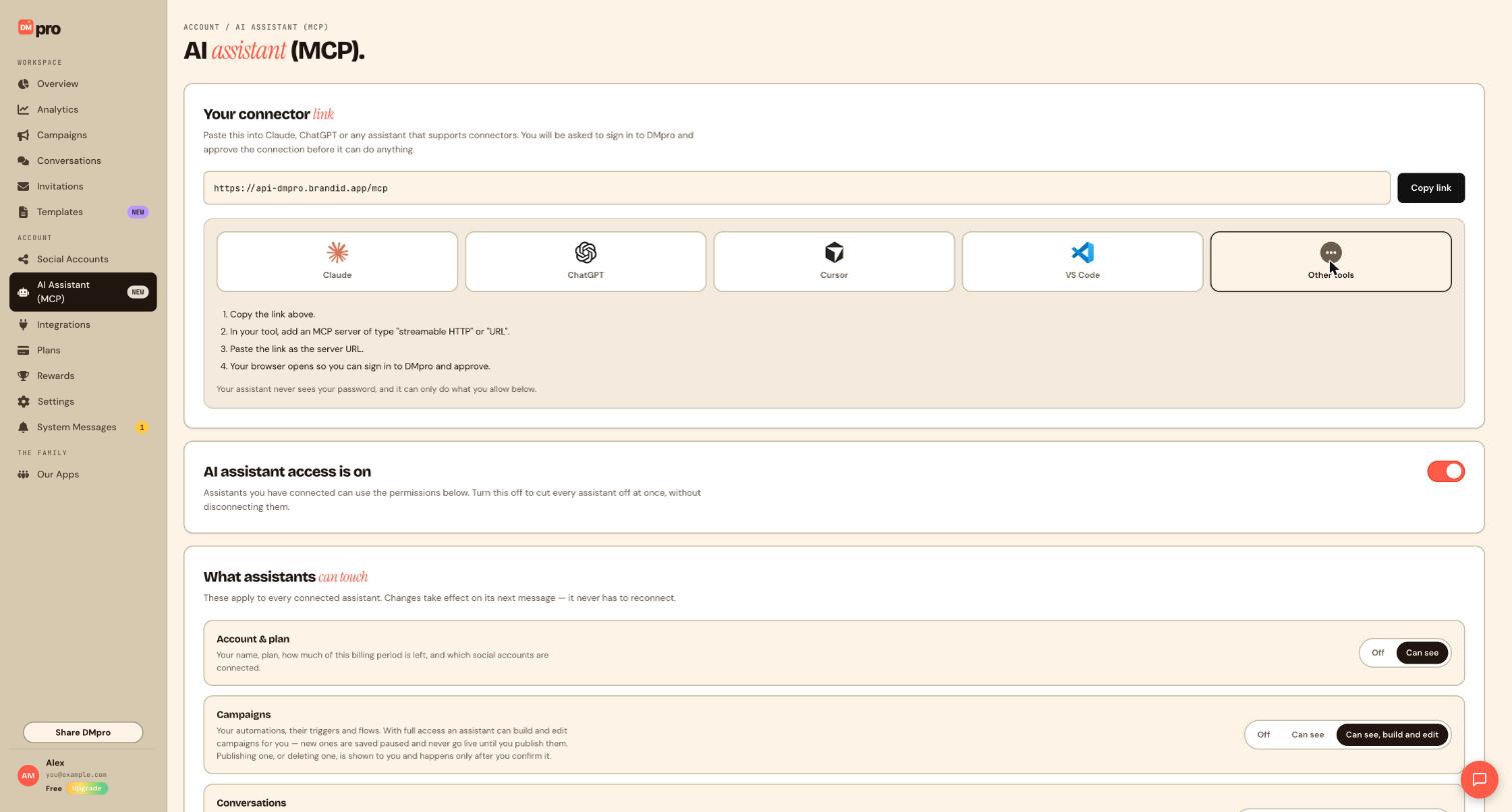 The Other tools tab with its four steps, followed by the master switch and the start of the What assistants can touch section.