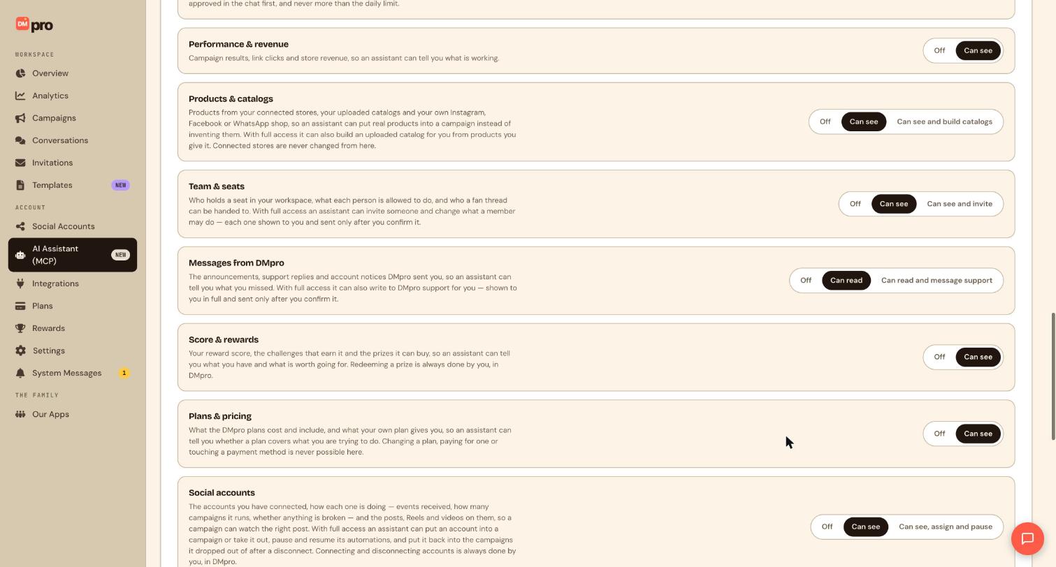 Performance & revenue, Products & catalogs, Team & seats, Messages from DMpro, Score & rewards, Plans & pricing and the start of Social accounts, each with its Off / Can see controls.