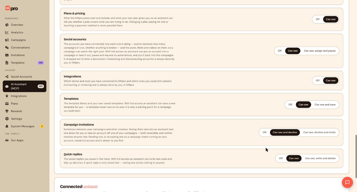 The last permission areas: Plans and pricing, Social accounts, Integrations, Templates, Campaign invitations and Quick replies, with the start of Connected assistants below.
