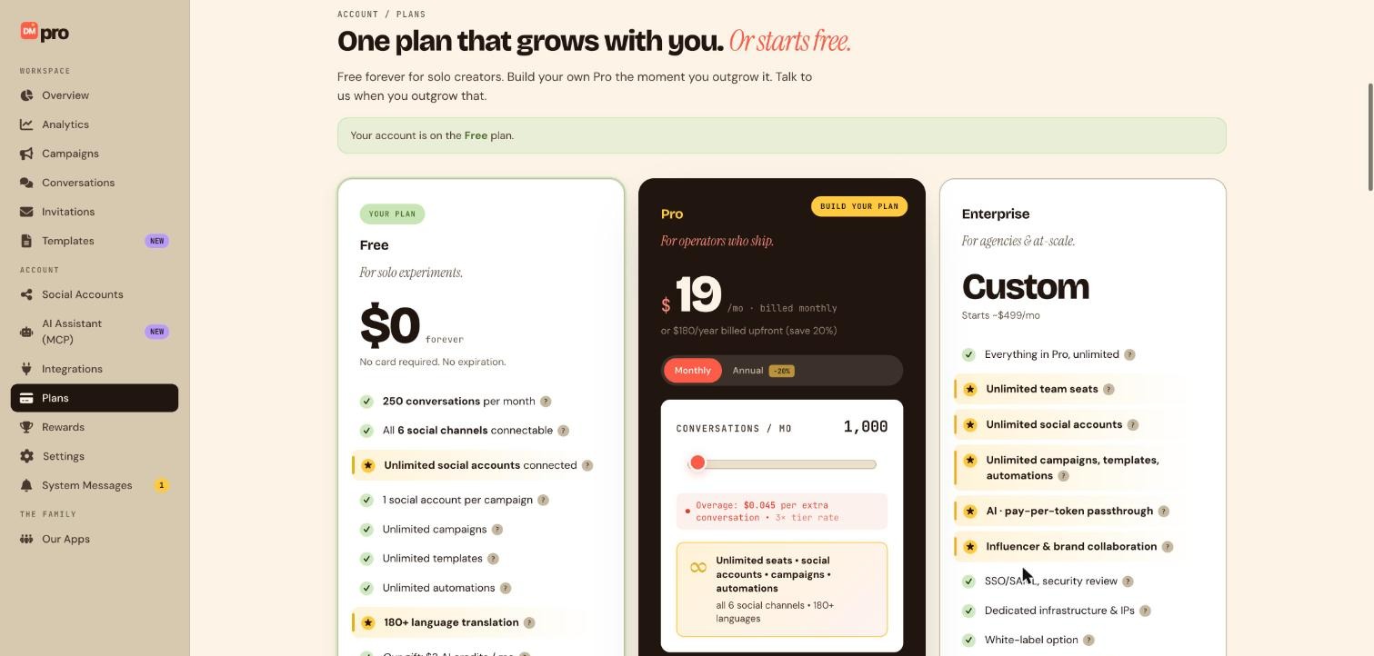 The Plans page, where the banner at the top shows which plan your account is on.