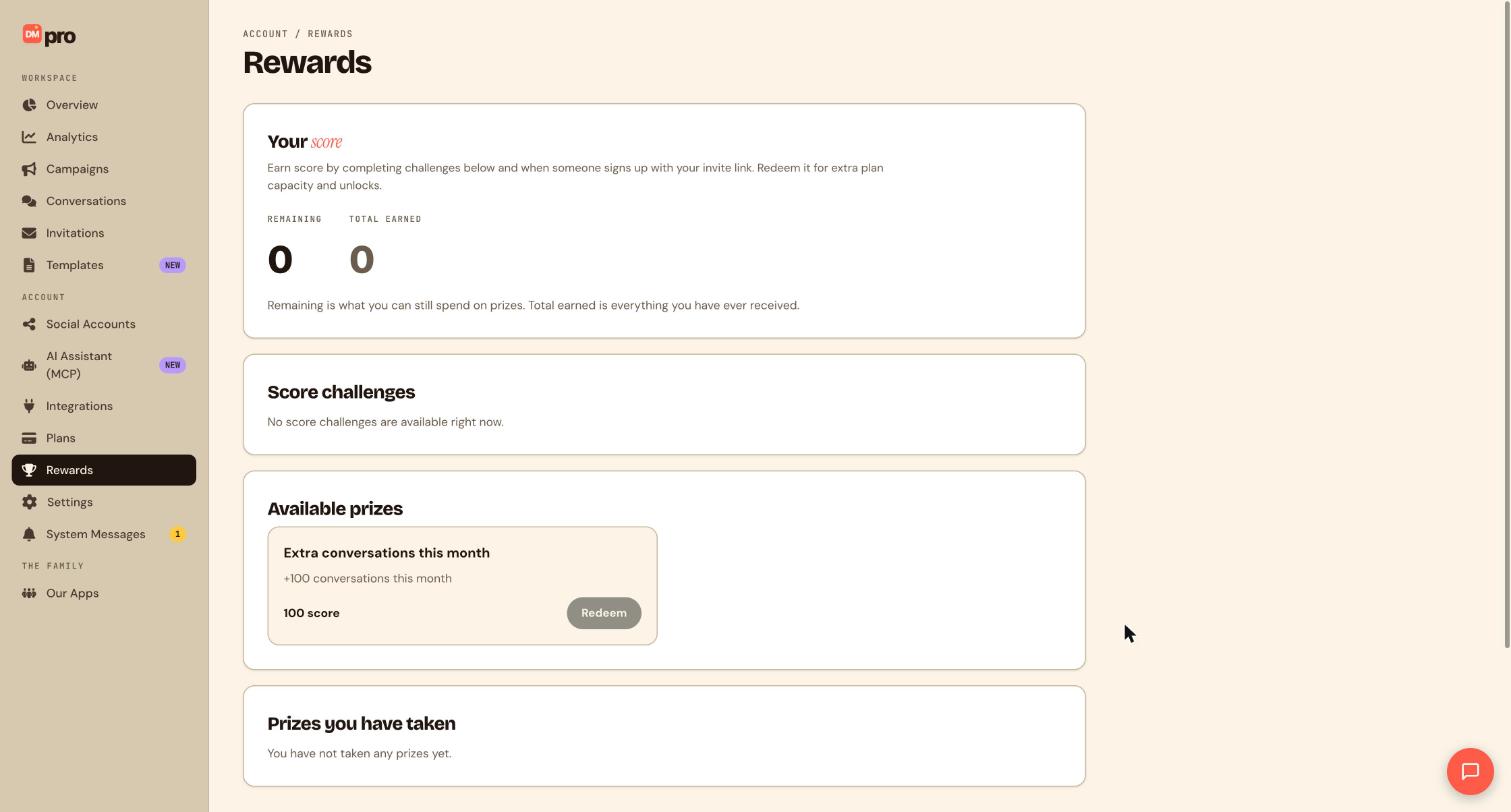 The Rewards page with Your score, Score challenges, Available prizes and Prizes you have taken.